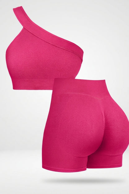 Dames Sport Set | Sculpting Fit | One Shoulder Top | Seamless Short Set