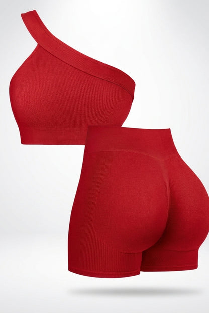 Dames Sport Set | Sculpting Fit | One Shoulder Top | Seamless Short Set
