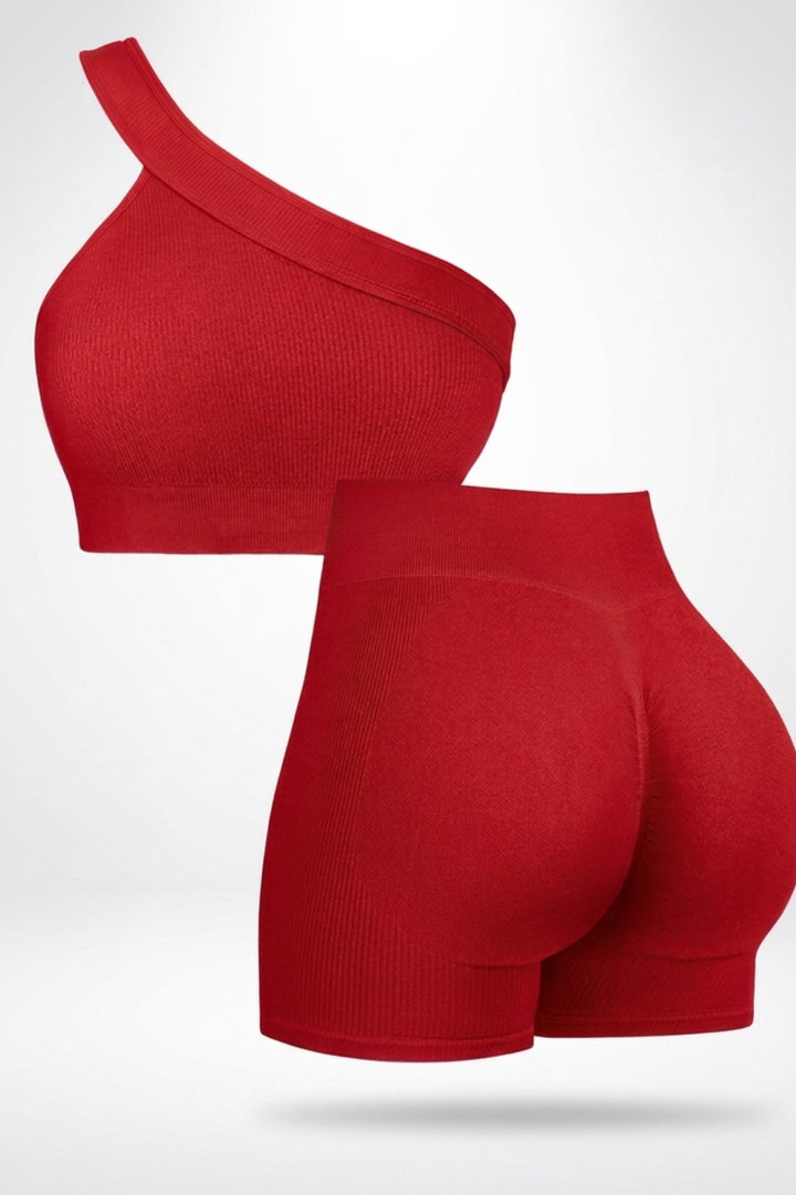 Dames Sport Set | Sculpting Fit | One Shoulder Top | Seamless Short Set