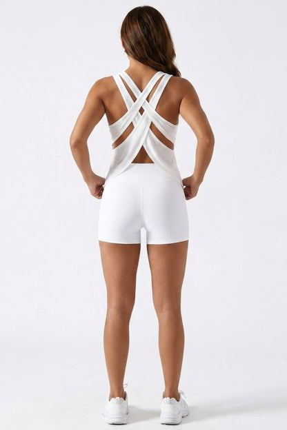 Dames Sport Tank Top | Relaxed Fit | Cross Back | Mesh Look Workout Top