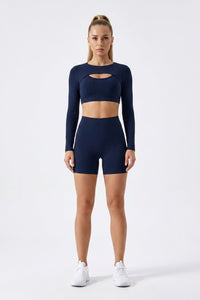 Dames Sport Top | Long Sleeve | Cut Out Front | Navy Activewear Crop Top