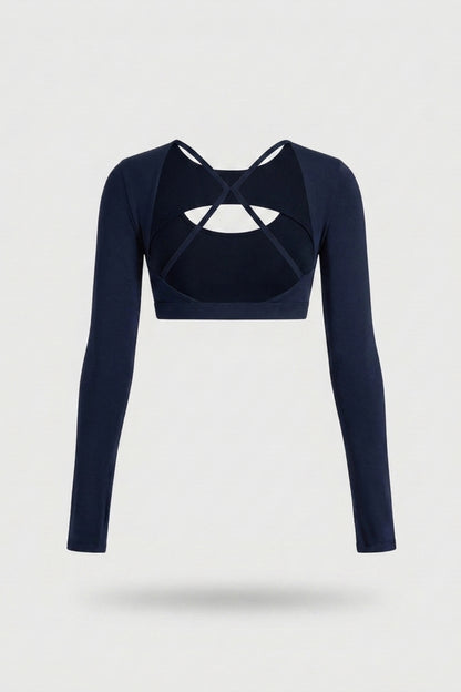 Dames Sport Top | Long Sleeve | Cut Out Front | Navy Activewear Crop Top