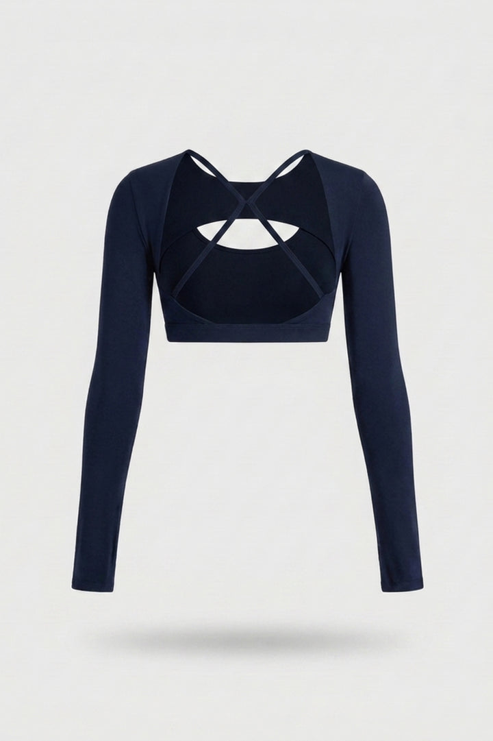 Dames Sport Top | Long Sleeve | Cut Out Front | Navy Activewear Crop Top