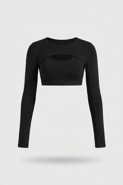 Dames Sport Top | Long Sleeve | Cut Out Front | Navy Activewear Crop Top