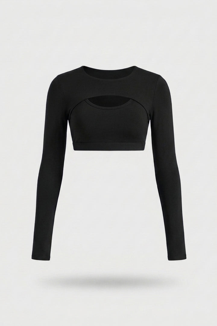 Dames Sport Top | Long Sleeve | Cut Out Front | Navy Activewear Crop Top