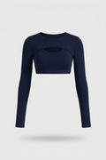Dames Sport Top | Long Sleeve | Cut Out Front | Navy Activewear Crop Top