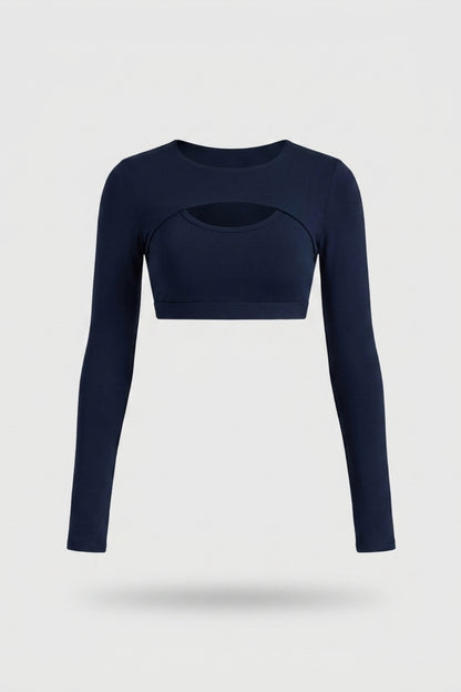 Dames Sport Top | Long Sleeve | Cut Out Front | Navy Activewear Crop Top