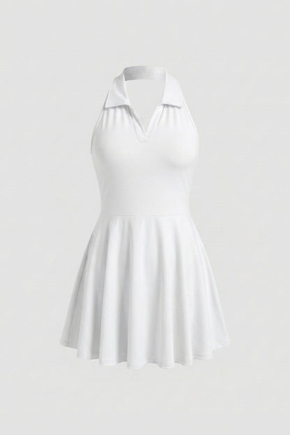 Dames Tennisjurk | Halter Kraag | Beige Sportjurk Met Plooirok