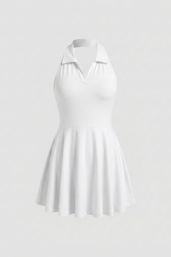 Dames Tennisjurk | Halter Kraag | Beige Sportjurk Met Plooirok