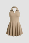 Dames Tennisjurk | Halter Kraag | Beige Sportjurk Met Plooirok
