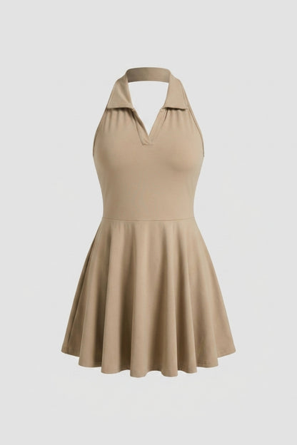 Dames Tennisjurk | Halter Kraag | Beige Sportjurk Met Plooirok