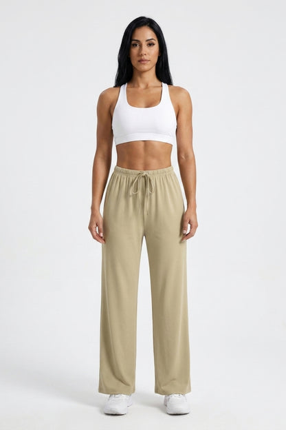 Dames Wide Leg Broek | Relaxed Fit | Drawstring Waist | Beige Lounge Broek
