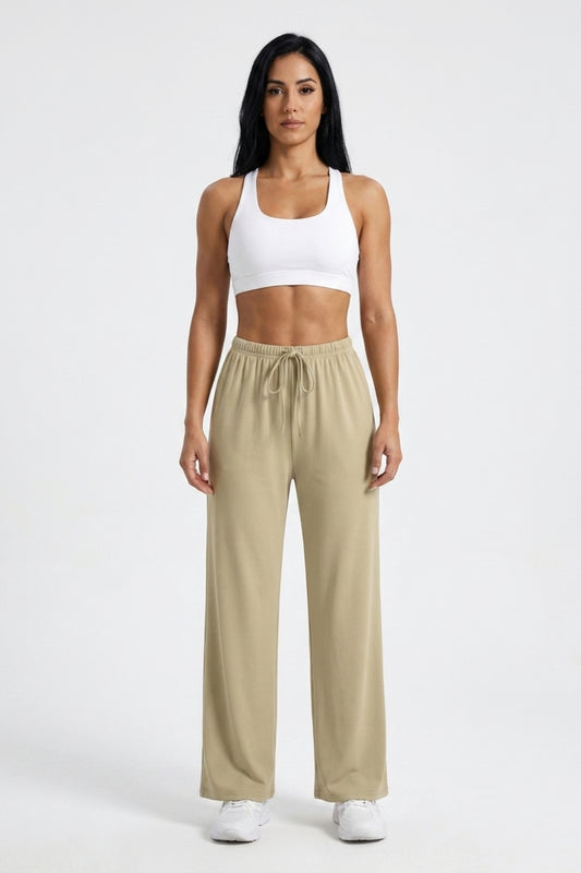 Dames Wide Leg Broek | Relaxed Fit | Drawstring Waist | Beige Lounge Broek