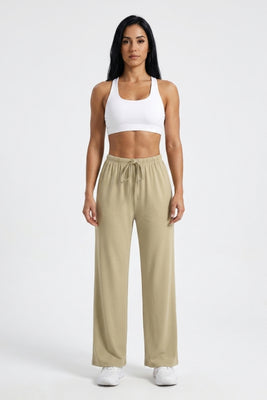 Dames Wide Leg Broek | Relaxed Fit | Drawstring Waist | Beige Lounge Broek