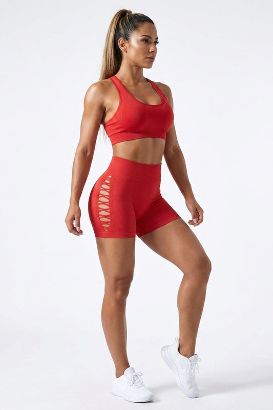 Women's High Waist Shorts | Form-Fitting | Ribbed Look | Cut-Out Activewear Short
