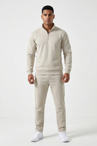Heren Half Zip Sweater | Hoge Kraag | Beige Warming-up Fleece Trui