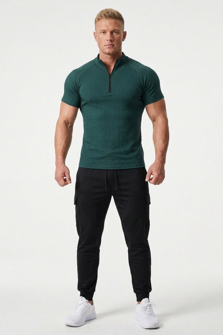 Men's Ribbed Sports Shirt | Half Zip Fitness T-Shirt