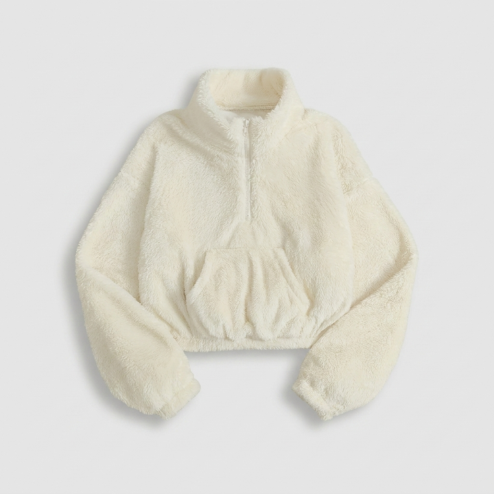Dames Teddy Crop Sweater | High Neck Fleece Pullover | Ultra Soft & Cozy