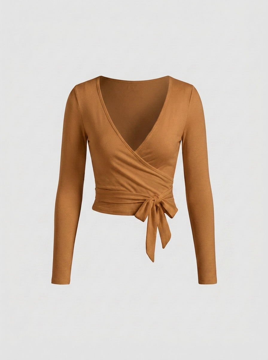 Dames Wikkel Top | Strikdetail | Cropped Long Sleeve Top