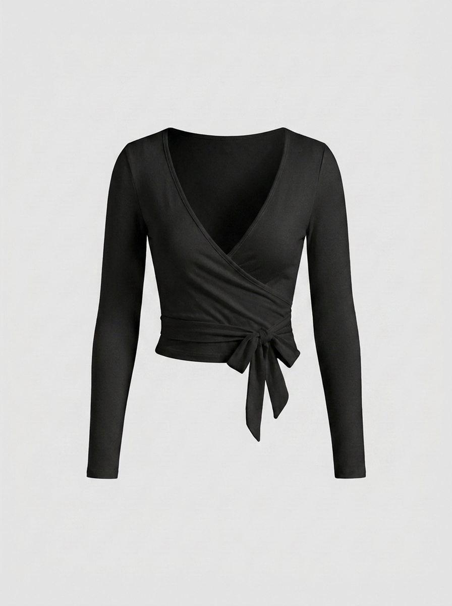 Dames Wikkel Top | Strikdetail | Cropped Long Sleeve Top