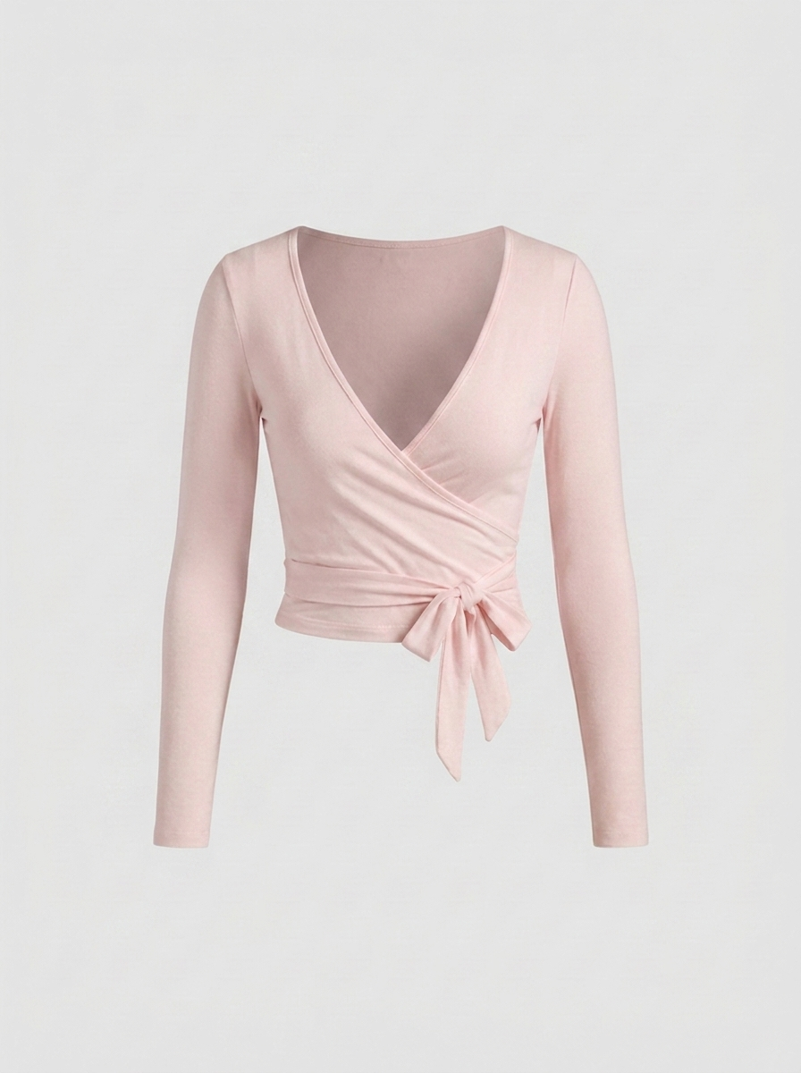 Dames Wikkel Top | Strikdetail | Cropped Long Sleeve Top
