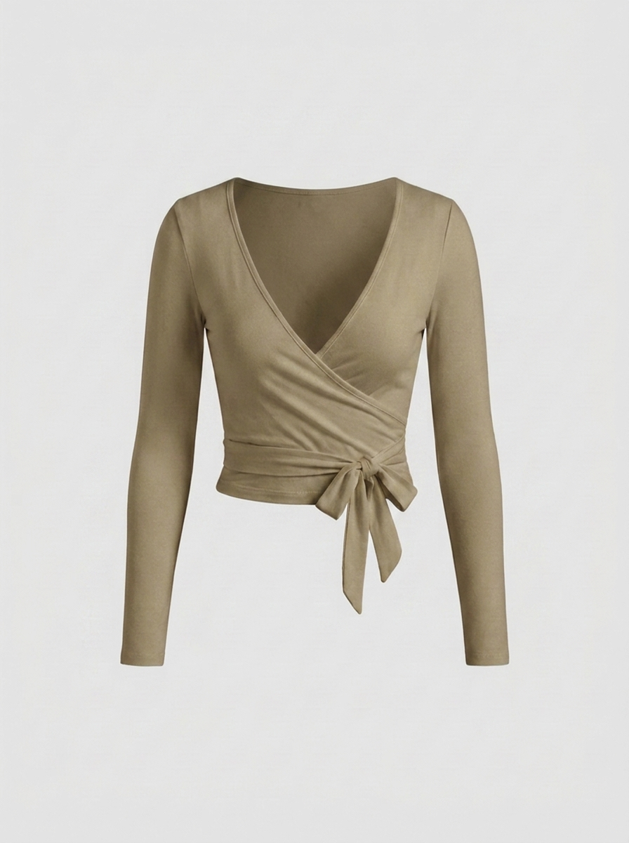 Dames Wikkel Top | Strikdetail | Cropped Long Sleeve Top